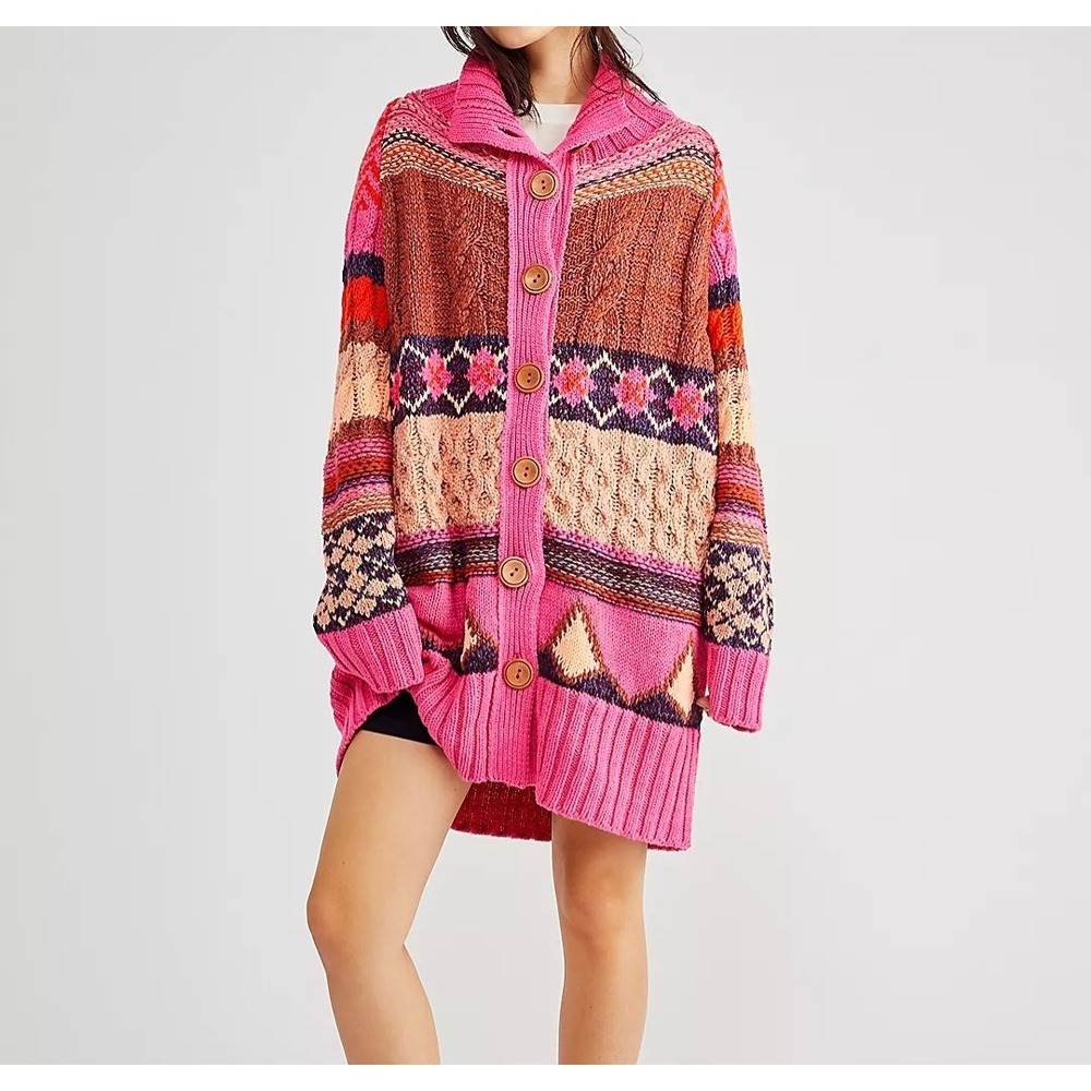 Free People Argyle Cardigan Pink Multi Knit Oversized OB1325067 XS Oversized EUC